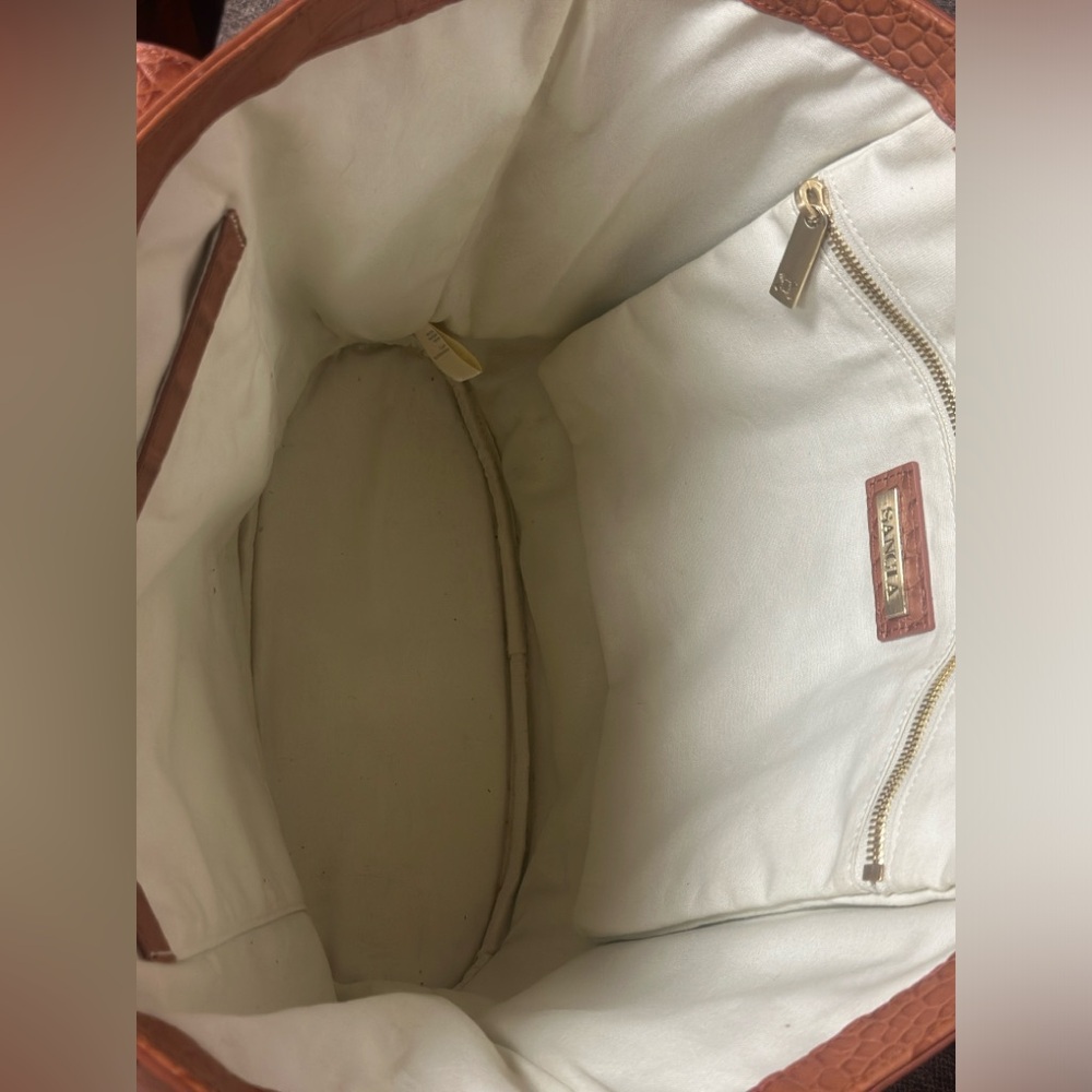 Sancia Minka Canvas and Croc Embossed Cowhide Leather Tote Bag In Cognac/White - Picture 6 of 16